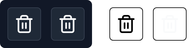 Left: a dark toolbar with two white trash icons. Right: the same toolbar in forced colors mode, where the first icon is black on white and the second is almost invisible.