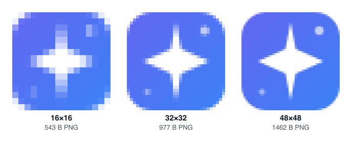 The three images stored inside the generated favicon.ico, each enlarged to the same width: a 16 by 16 frame where the star is a blurry cross and the two small dots are barely visible, a 32 by 32 frame where the dots appear as soft specks, and a 48 by 48 frame with a clean star and both dots.